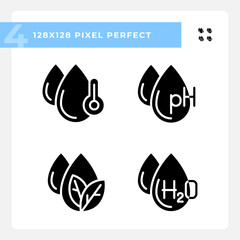 Wall Mural - Water features black glyph icons set on white space Temperature and ph balance. Molecular structure of water. Silhouette symbols. Solid pictogram pack. Vector isolated illustration. Pixel perfect