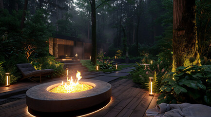 a modern outdoor fire pit with light fixtures surrounde bcc9a9f1-9c3b-4d3b-8199-8c01b7042c89