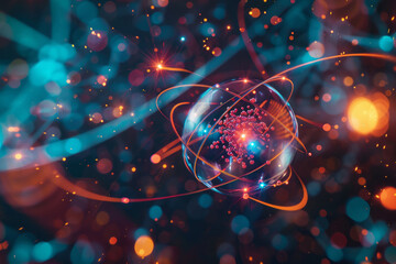 The dynamic energy and vibrant colors of subatomic particles orbiting within the nucleus of an atom, showcasing their intricate dance and quantum phenomena.