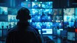 Security guards in security control room with video wall or legal service of danger in office Worker, law patrol, Police Officer's Expertise in an Emergency Call Center, Blurred image