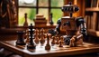 A whimsical wooden robot, styled with vintage aesthetics, engages in a strategic game of chess, illustrating concepts of artificial intelligence and leisure activities.