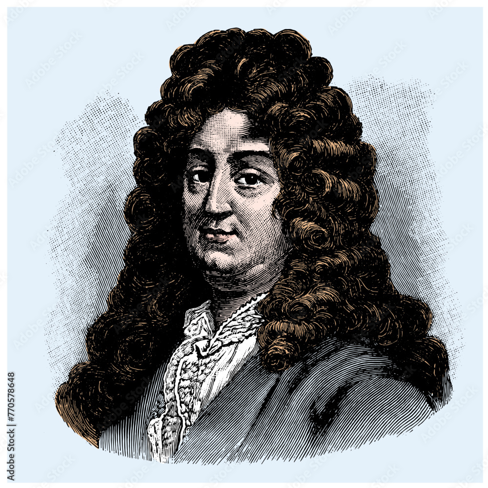 vector colored old engraving of famous French writer and dramatist Jean ...