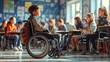 © masyastadnikova - A happy handicapped child in a wheelchair in a school classroom among healthy children. An inclusive form of education