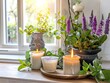 Springtime home decor, spring interior decorations with flowers and burning candles, bright white apartment in daylight