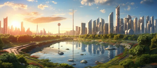 Poster - An artists depiction of a modern city with a serene lake in the foreground, reflecting the skyscrapers, surrounded by lush natural landscapes under a colorful sky