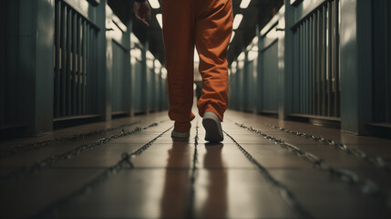 The legs of a prisoner walking along a path in a prison cell