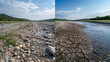 A before-and-after comparison of a dried-up river bed once flowing now barren and cracked.