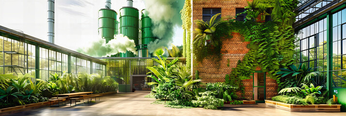 Wall Mural - Environmental Pollution from Industrial Factory, Emitting Smoke and Contributing to Global Warming in a Blue Sky