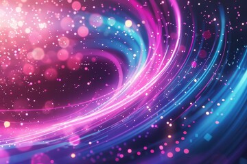 Wall Mural - Abstract background with pink and blue glowing neon lines and bokeh lights, representing data transfer and digital communication, vector illustration
