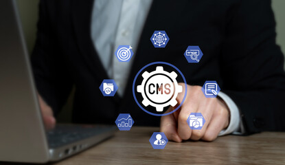 Content management system concept. Web developer who uses computer software or an application that uses a database to manage content to develop a website.
