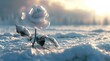 white rose on a snowy field, in the style of surreal 3d landscapes, desertwave, romantic illustrations, backlit photography, charming illustrations, uhd image, sparse