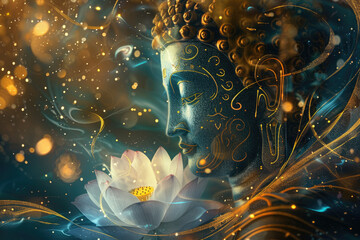 Wall Mural - A digital illustration of the Buddha's head with lotus flowers, with golden and blue hues on a dark background