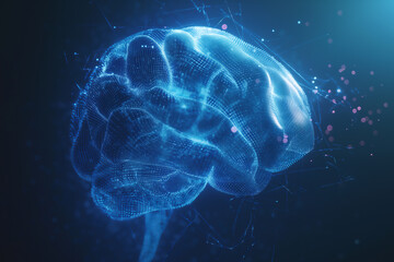 Wall Mural - blue neon human brain showing intelligent thinking, processing through the concept of a neural netwo