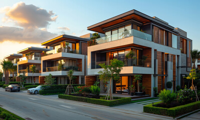 Wall Mural - A row of tall buildings with a car parked in front of one of them. The street is empty and the sky is cloudy