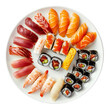 Sushi platter with an assortment of nigiri, maki, and sashimi, isolated on transparent background