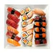 Sushi platter with an assortment of nigiri, maki, and sashimi, isolated on transparent background
