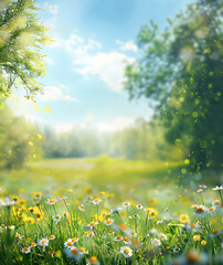 Beautiful blurred spring background nature with blooming glade chamomile, trees and blue sky on a sunny day