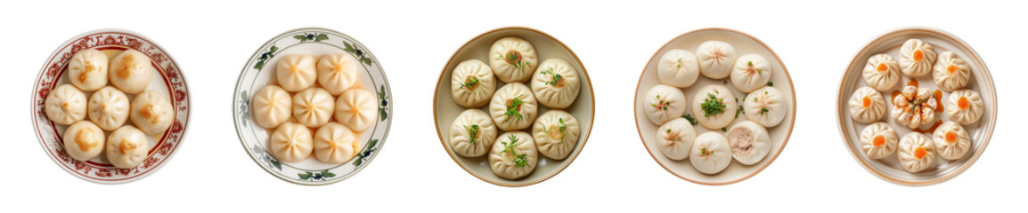 Wall Mural - Collection of delicious bakpao on a plate isolated on a transparent background, top view, PNG