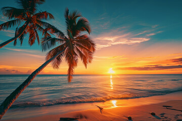 sunset ocean palm trees tropical beach illustration paradise summer sea tourism