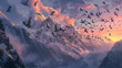 A flock of migratory birds soaring over a rugged mountain landscape, their wings silhouetted against the backdrop of snow-capped peaks and icy glaciers. 32K.