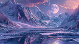 A frozen mountain lake surrounded by towering peaks and glaciers, its surface reflecting the pristine beauty of the snow-covered landscape under the soft light of the moon. 32K.