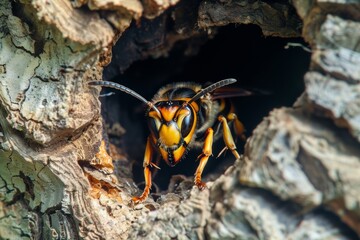 Wall Mural - closeup of a hornet entering a nest in a tree hollow