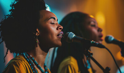 Black Female African American backing vocalists singing live at a concert with smoke