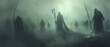 Shadowy figures with scythes, a haunting gathering in the ethereal fog of oblivion
