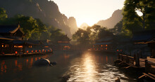 A Sunset Scene Of An Asian City With Mountains