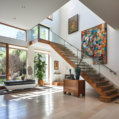 Interior of a modern living room with a wooden staircase. 3d rendering