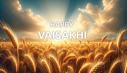 Wall Mural - Happy vaisakhi background with wheat field at sunrise.