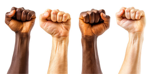 Multi ethnic fists raised up in sign of protest and social unrest, cut out, isolated on transparent background. 