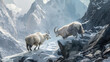 A solitary mountain goat gracefully traversing the rugged terrain of a snow-covered mountain, with icy cliffs and glaciers in the backdrop. 32K.