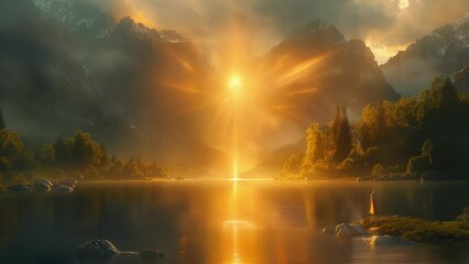 Wall Mural - A serene mountain landscape with a river flowing through it. In the distance a figure stands in meditation surrounded by beams of golden light that seem to connect with the