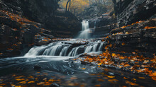 A Long Exposure Of A Silky Waterfall Flowing Through A Rocky Gorge With Autumn Leaves.