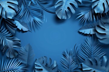 Wall Mural - A blue background with various cutout tropical leaves in the corners, creating an elegant and sophisticated look.