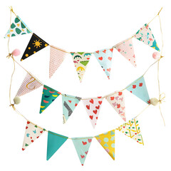 Colorful Party Banner: Celebrate with a vibrant and whimsical party banner featuring a variety of colorful patterns and designs isolated on transparent background, cut out, png