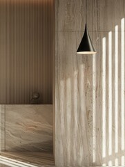 Poster - Close-up of a wall with vertical lines and soft lighting. The wall is decorated with marble. A triangular black lamp hangs from above, casting gentle shadows on the surface of the wall.