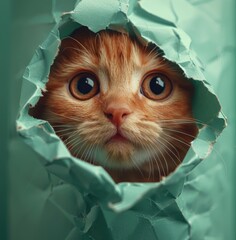 Wall Mural - Cute cat sticking his head out of a hole in paper, wall on green background, sticker style, illustration design, like 3D rendering