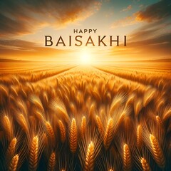 Wall Mural - Realistic illustration of a vast field of ripened wheat for baisakhi celebration.