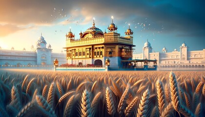 Wall Mural - Illustration for a baisakhi with a golden wheat field and golden temple.