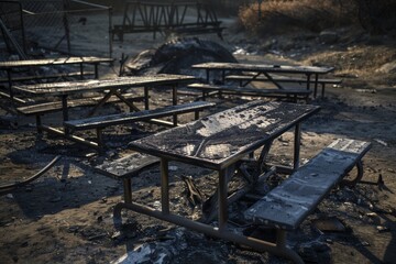 Wall Mural - charred remains of a picnic area with table and benches