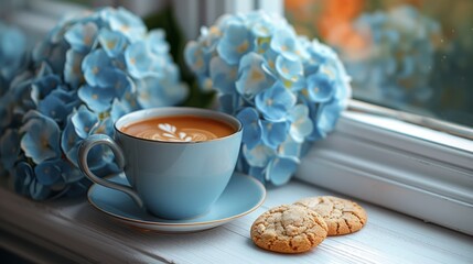 Wall Mural - Coffee cup with sharp pattern, hydrangea near the window, plate of cookies, bright colors, light background