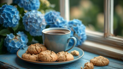 Poster - Coffee cup with sharp pattern, hydrangea near the window, plate of cookies, bright colors, light background