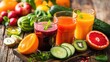 Fresh fruit and vegetables juice on wooden table, Set of fruit and vegetable and berries juice,Glasses with fresh organic vegetable and fruit juices. Detox diet
