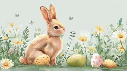 Wall Mural - Happy Easter watercolor card, banner, border with cute Easter rabbit, eggs, spring flowers and chick in pastel colors on light green white background. Isolated Easter watercolor decoration elements.