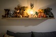 wall shelf with stuffed animals and nightlight