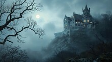 Mystical Castle On A Foggy Hill Under The Full Moon