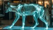   A dog atop a table, sporting a lit skeleton as its hind leg supports, and a head morphing into a humanesque form