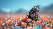   A Blue-and-black Butterfly Perches On An Orange And Blue Flower Bed Against A Backdrop Of Blue Sky